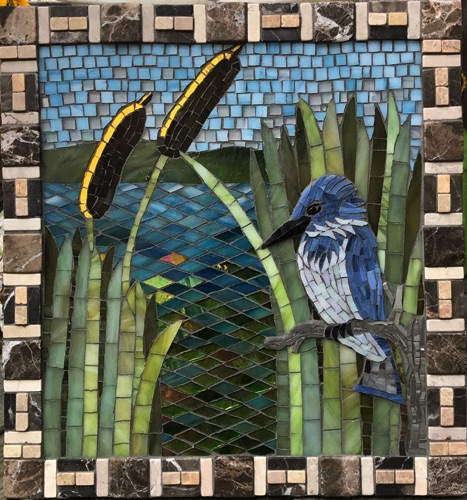 Perching Kingfisher; 14" x 15"; stained glass, marble; $800.00 sold